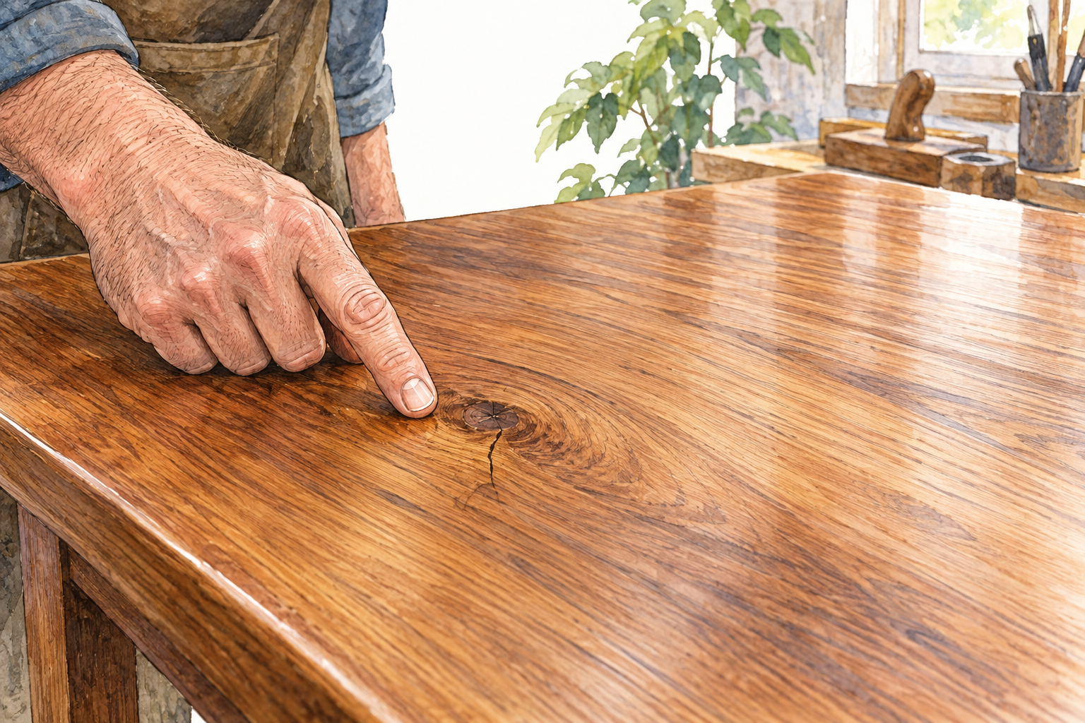 Close-up of a polished wooden tabletop with one small conspicuous knot and narrow surface crack, furniture maker's fingertip gently indicates this single local imperfection while the surrounding wood is smooth and beautiful.