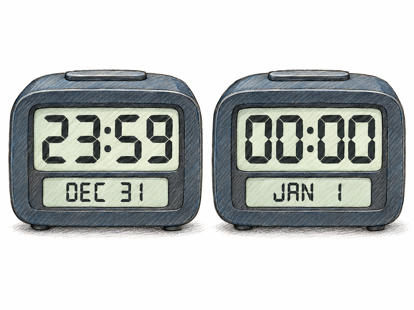 Two clocks display23:59DEC31 and00:00JAN1.
