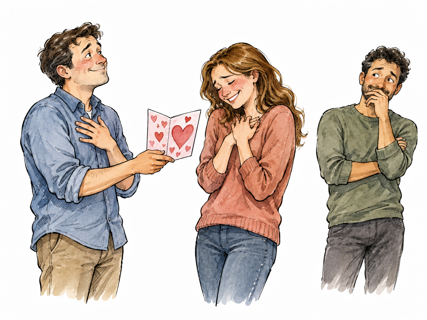 Two adults exchange an excessively sentimental heart-covered card while a nearby friend looks amused, no oversized cartoon anatomy.