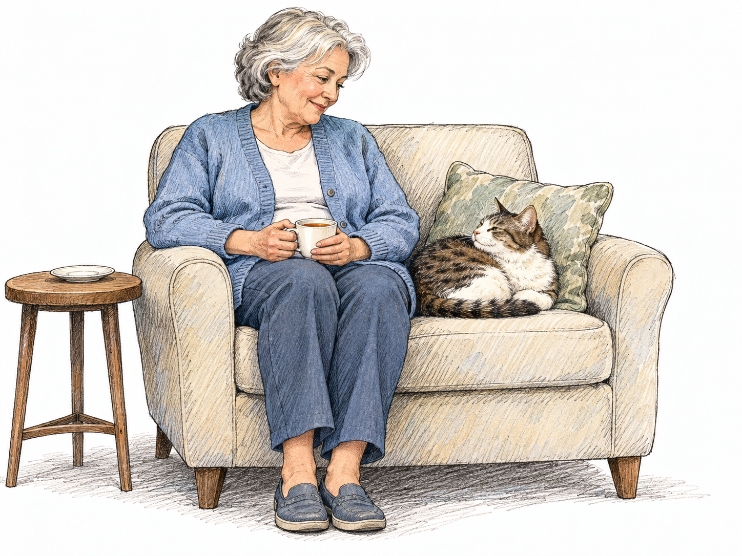 An older woman sits comfortably beside her resting cat, eyes gently open and a small satisfied smile on her face, cradling a cup of tea.