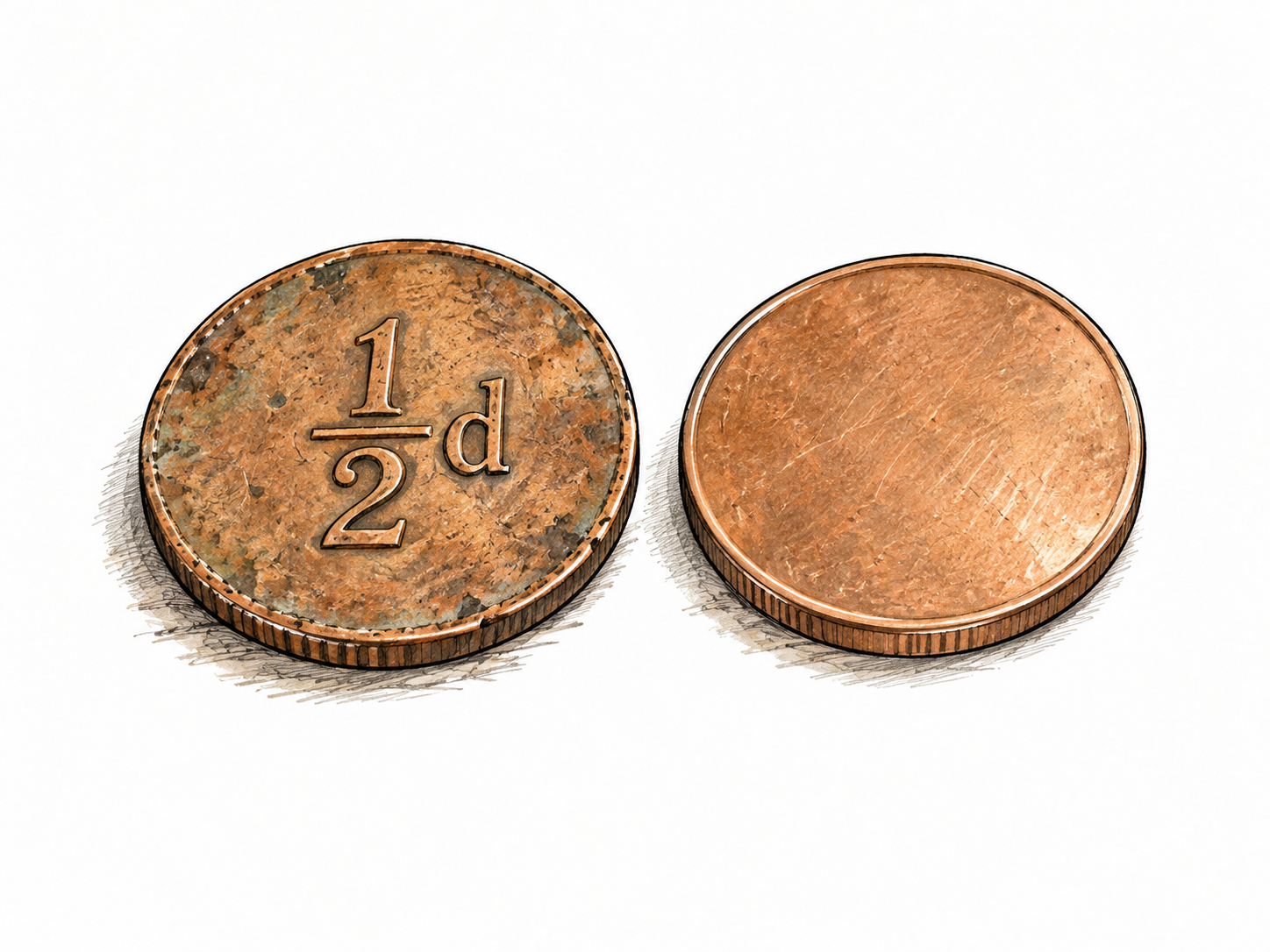 A single worn copper-colored former British halfpenny coin resting beside a plain penny-sized comparison disk, only small essential “½d” denomination on halfpenny face, no portrait or invented inscription; illustrative denomination study rather than replica.