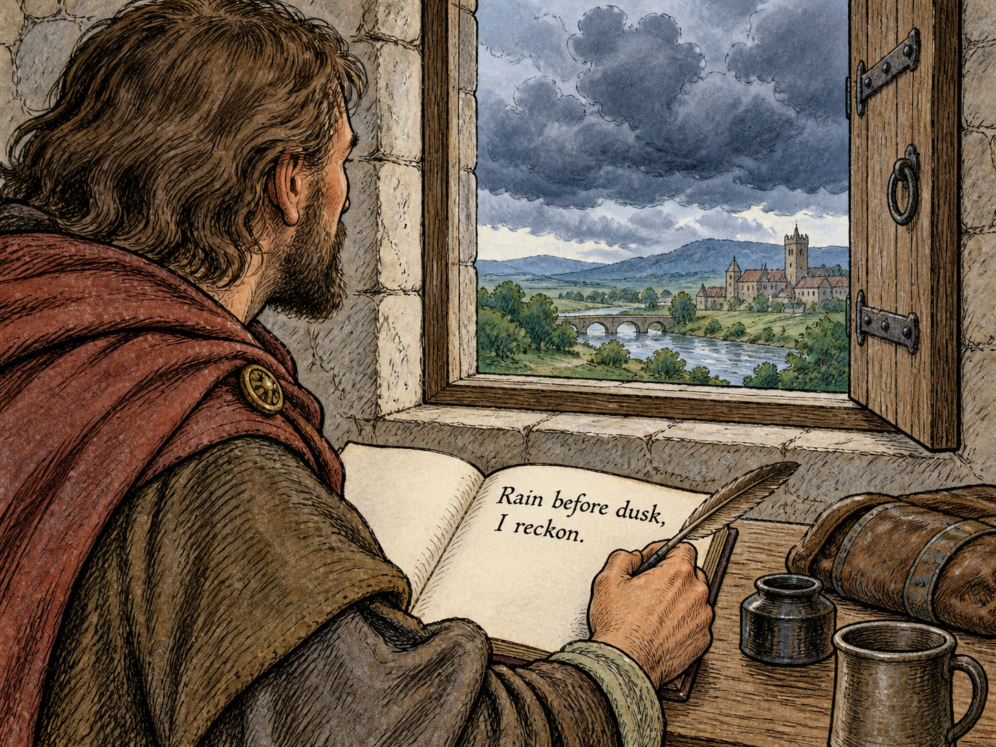 A traveler writes a personal weather conjecture in his journal.
