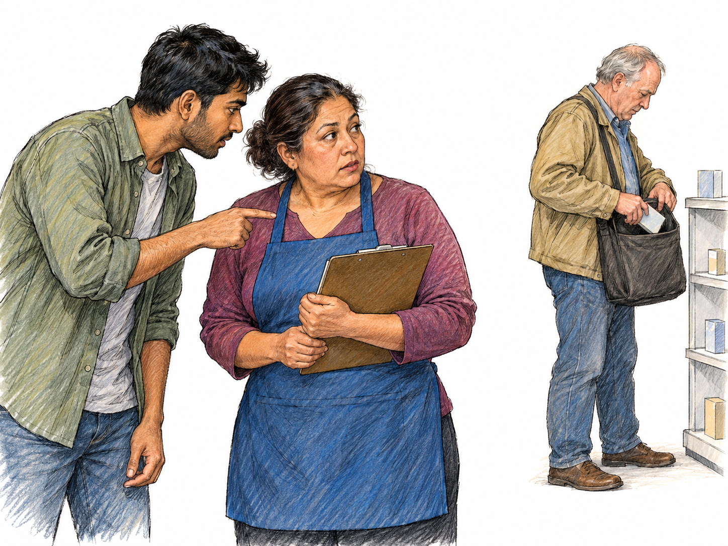 A young adult discreetly tells a store supervisor about another customer slipping merchandise into a bag, pointing subtly toward the customer while the supervisor listens.