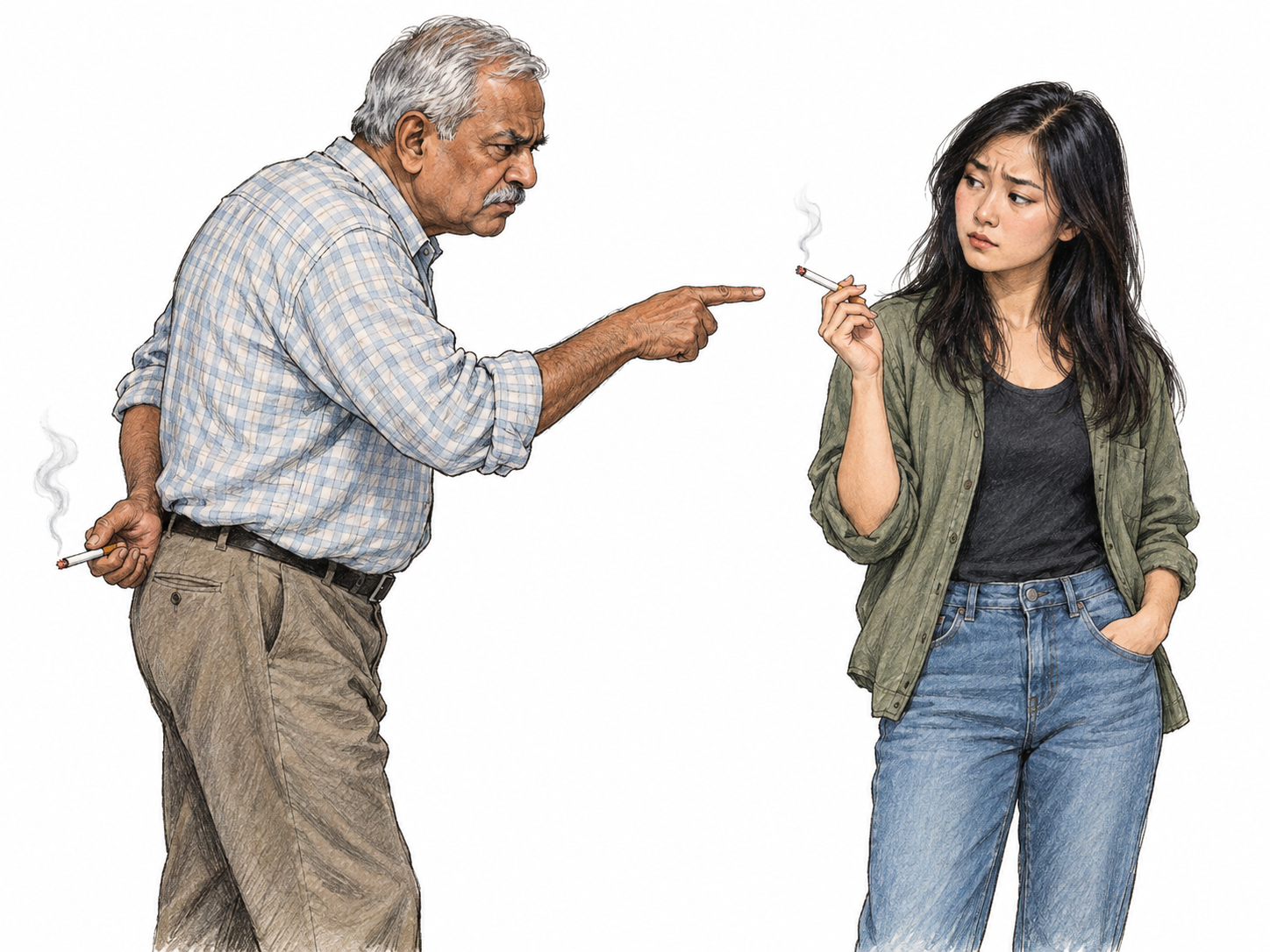 A man visibly condemns another person's smoking while hiding his own lit cigarette behind his back, showing a standard he demands but does not follow.