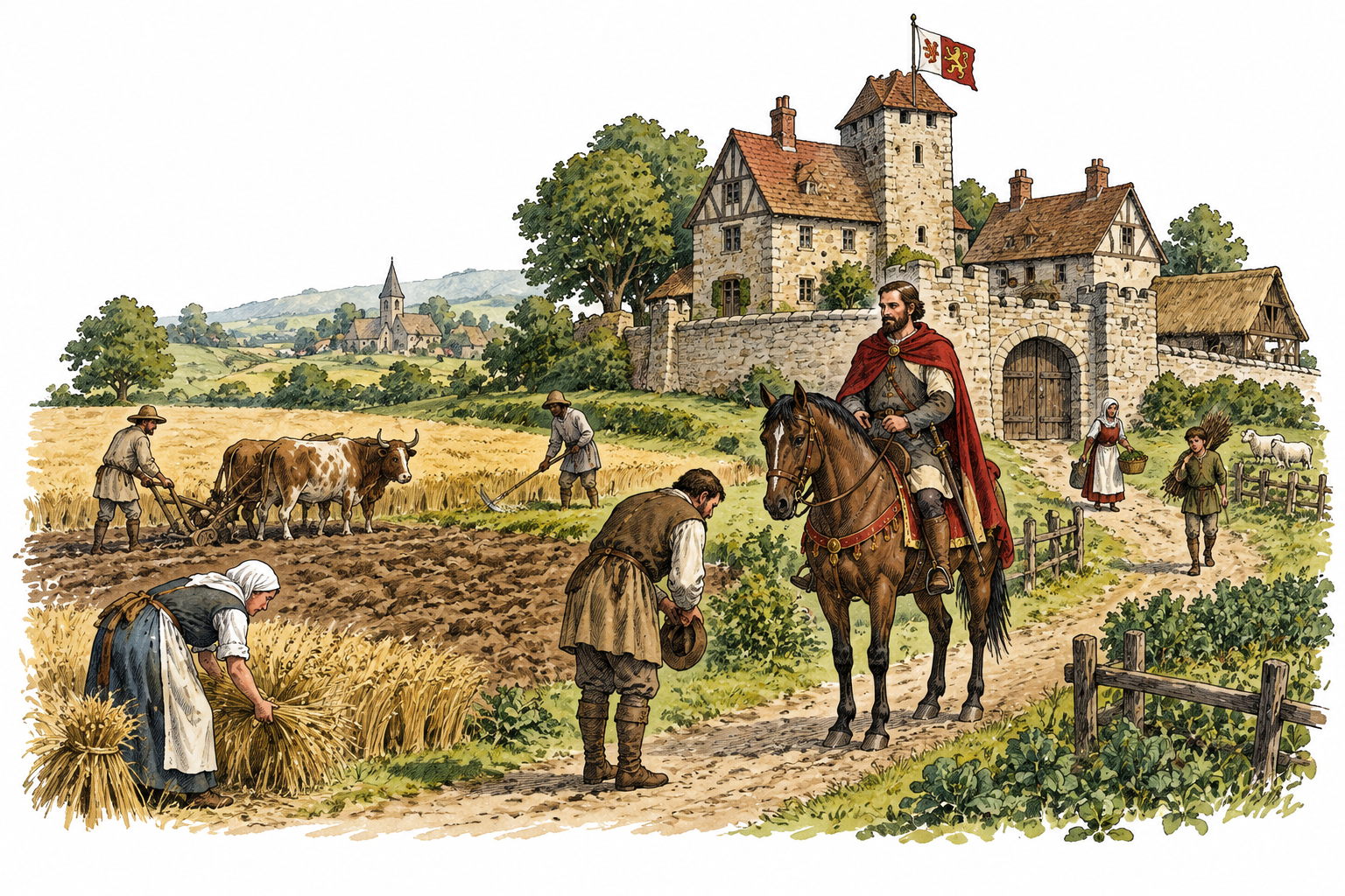 A medieval manor and its surrounding tenant fields represent land held for feudal service.