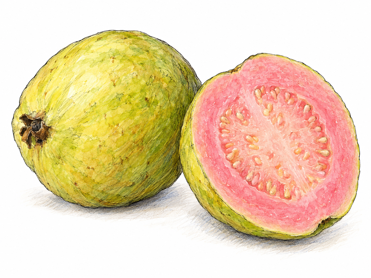 A whole ripe guava beside a freshly cut half, showing thin yellow-green skin, pink flesh and a dense central cluster of small cream-colored seeds.