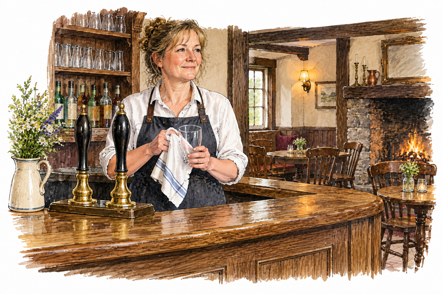 A middle-aged white woman pub owner stands behind her wooden bar polishing a glass, calmly overseeing a small welcoming pub with plain unmarked taps.