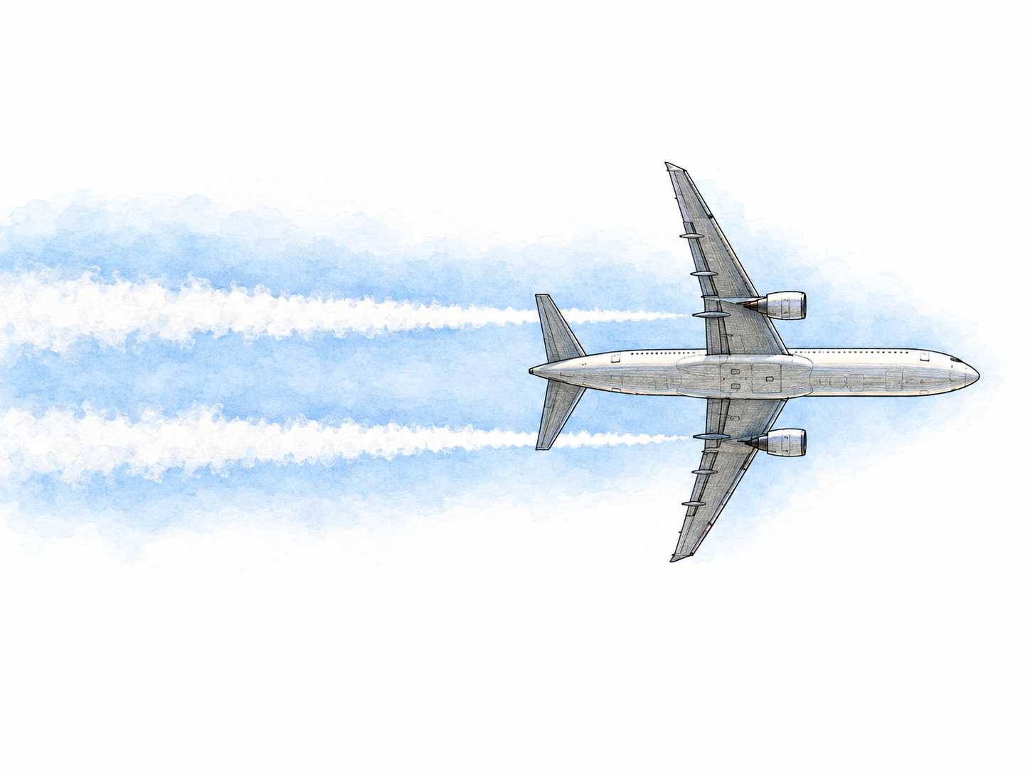 A twin-engine jet seen from directly below flies toward the right, leaving two long white condensation trails extending leftward, precisely aligned with its engine exhaust paths.
