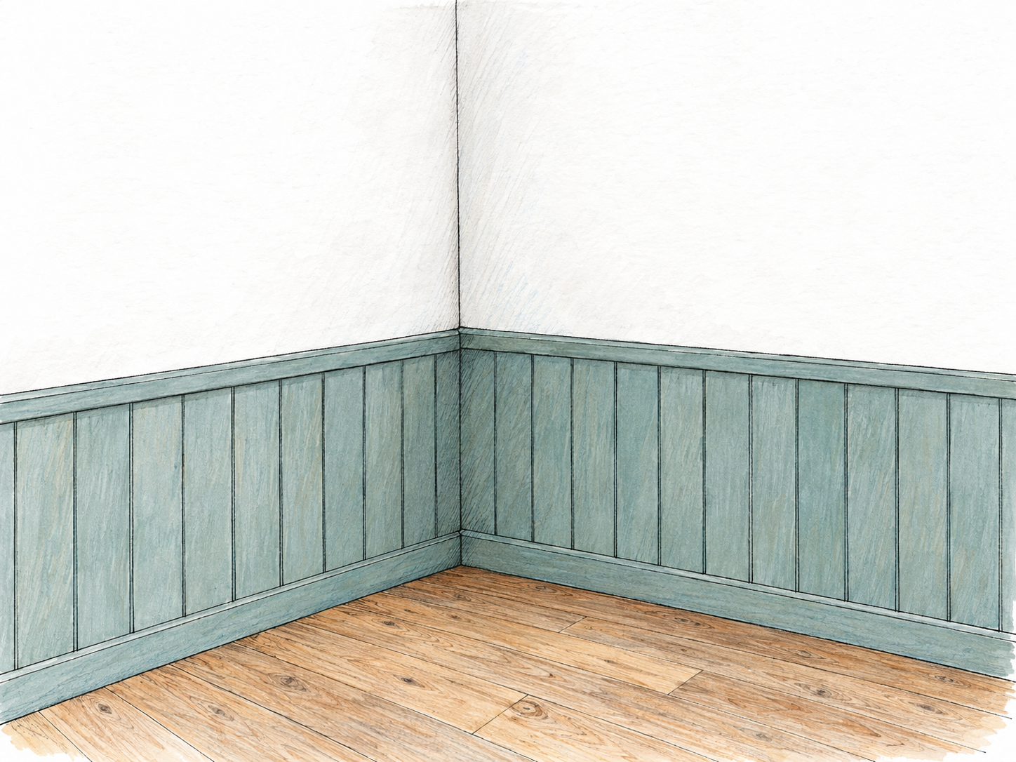 A simple interior wall corner with muted blue-green paneling across the lower third, clearly separated by a narrow horizontal molding from the plain white plaster above.
