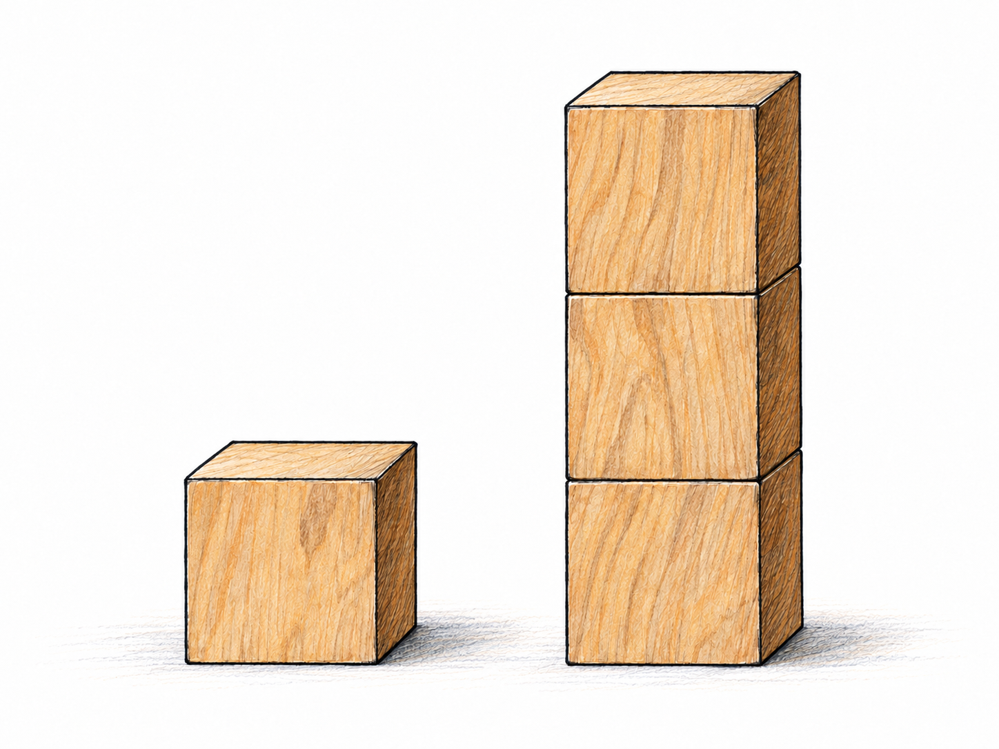 One wooden cube beside a tower of three identical wooden cubes, resting on the same baseline.