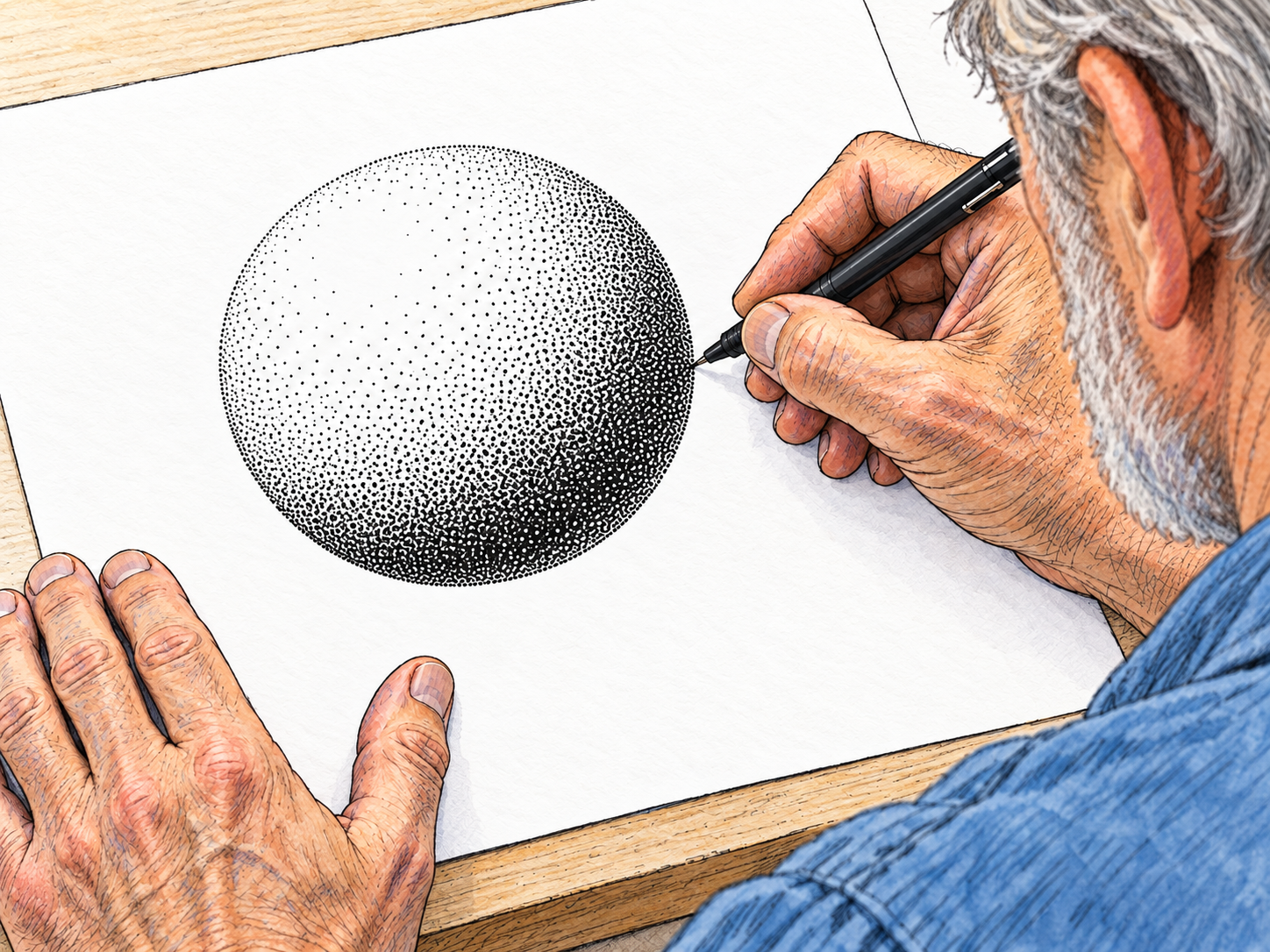 Close-up of an artist using a fine-point pen to shade a drawn sphere with many separate dots, visibly denser on the shadow side and sparser toward the light.