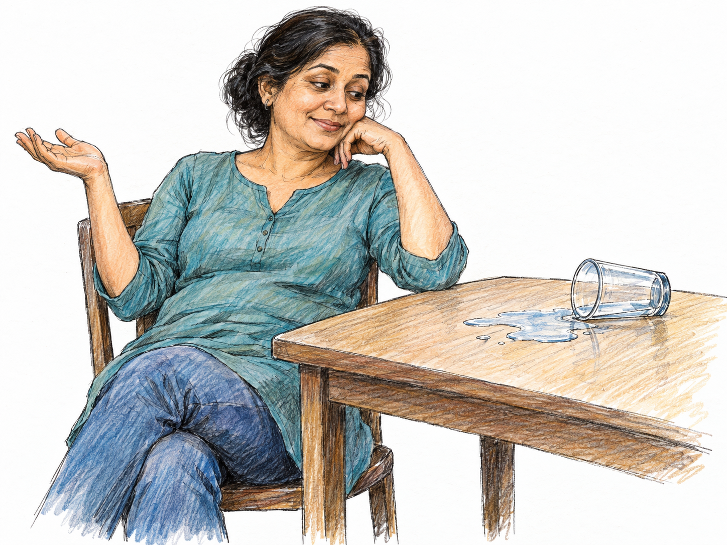A middle-aged woman sits casually beside a small spill from her tipped water glass, leaning back with a loose, unconcerned shrug rather than rushing to clean it up.