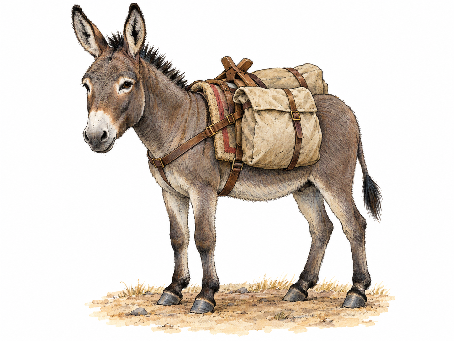 A small donkey carrying balanced bundles in a practical pack saddle, shown in a clear three-quarter side view.