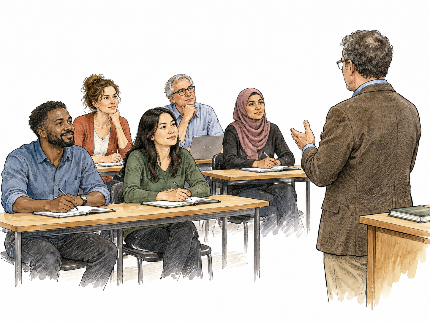 Diverse adults sit present at a small lecture in a classroom.
