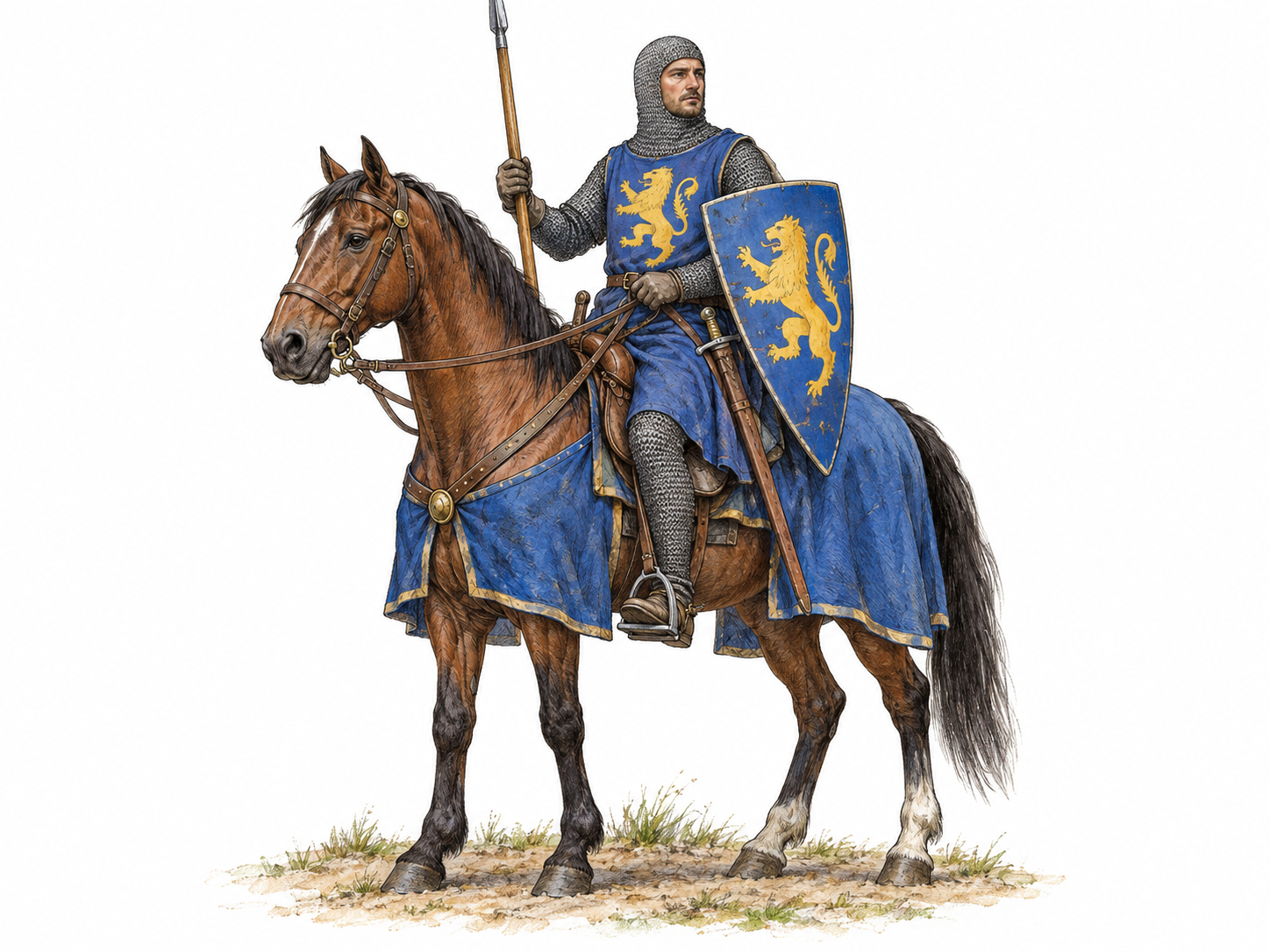 A late-13th-century English knight sits astride a warhorse, wearing mail armor and a heraldic surcoat, carrying a matching shield and an upright lance.