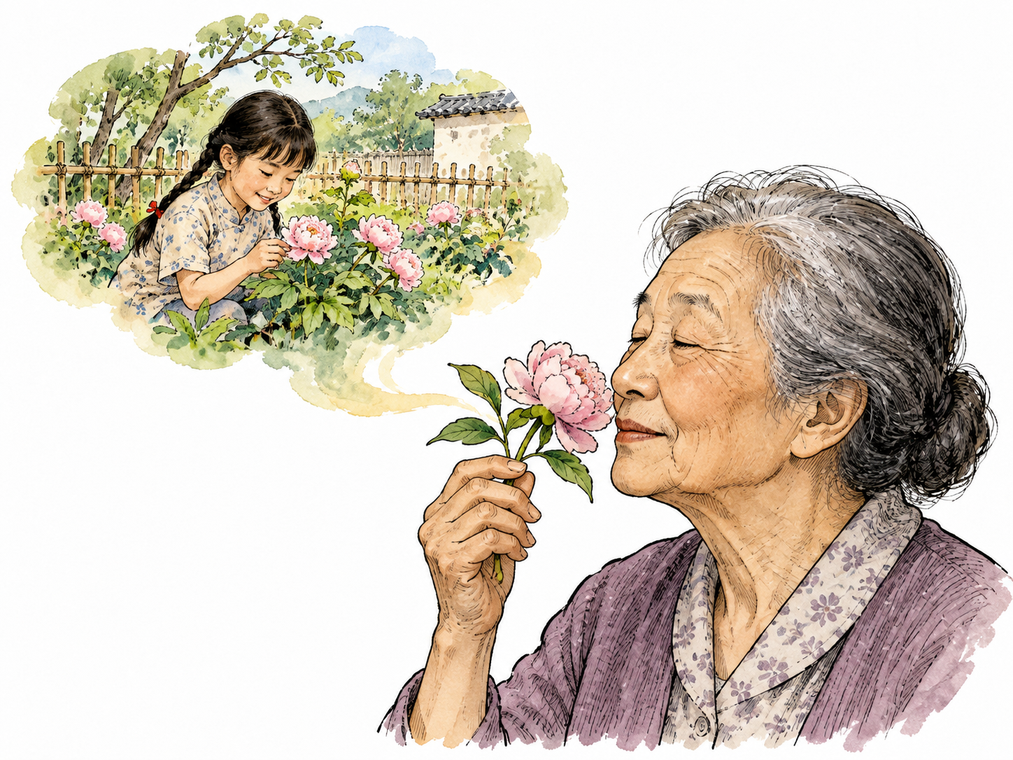 An elderly East Asian woman smells a flower; a soft memory vignette shows her childhood garden.