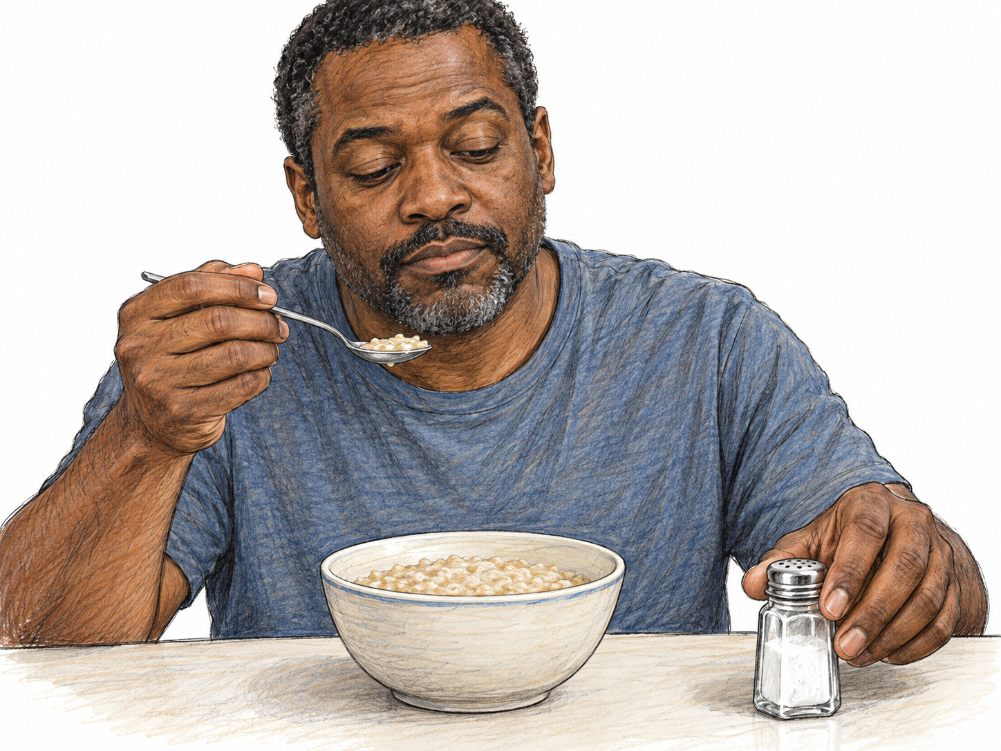 A man tastes plain oatmeal with a distinctly unimpressed, flat expression and reaches for salt: mild, visually undistinguished food needing stronger flavor.
