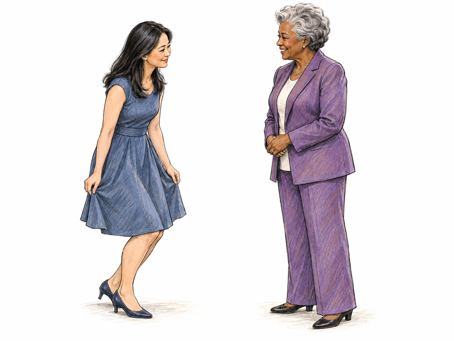 At a formal reception, a woman greets an older hostess with a shallow curtsy: knees slightly bent, one foot behind the other, torso upright, and skirt edges lightly held.