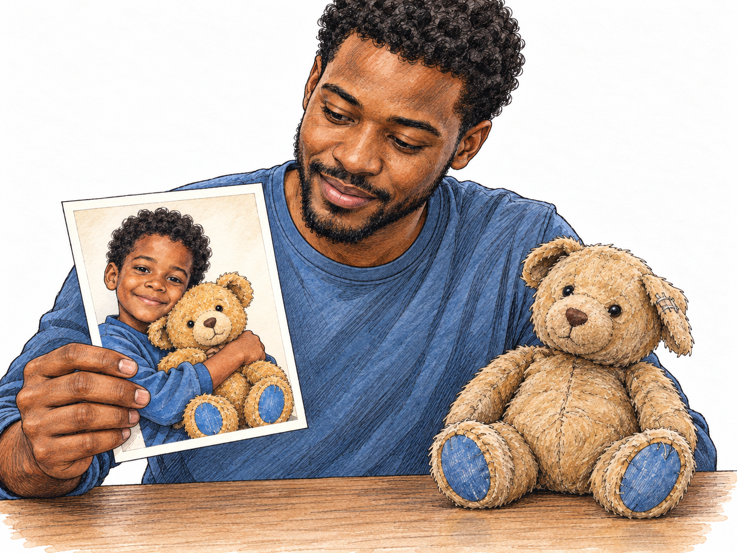 A young adult looks at a childhood photograph showing himself with a new teddy bear, while the same bear, now worn and repaired, rests beside him.