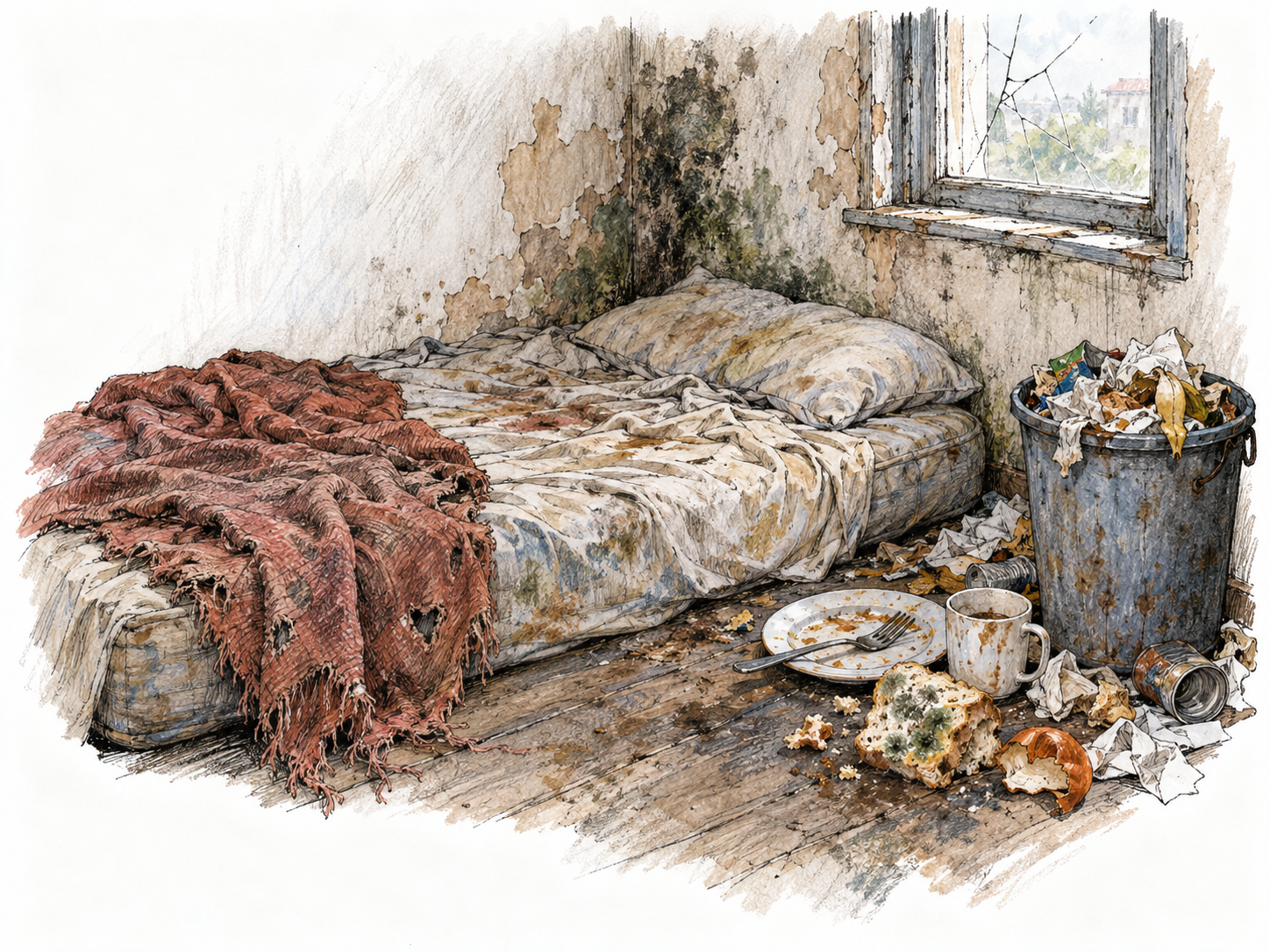 A tightly framed, unoccupied sleeping corner whose filthy bedding, rotting food, overflowing rubbish and damp-damaged walls make miserable living conditions unmistakable.