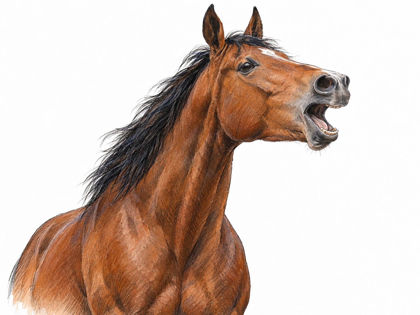 A horse caught mid-neigh, with its neck lifted and extended, ears forward, nostrils widened, and mouth visibly open.