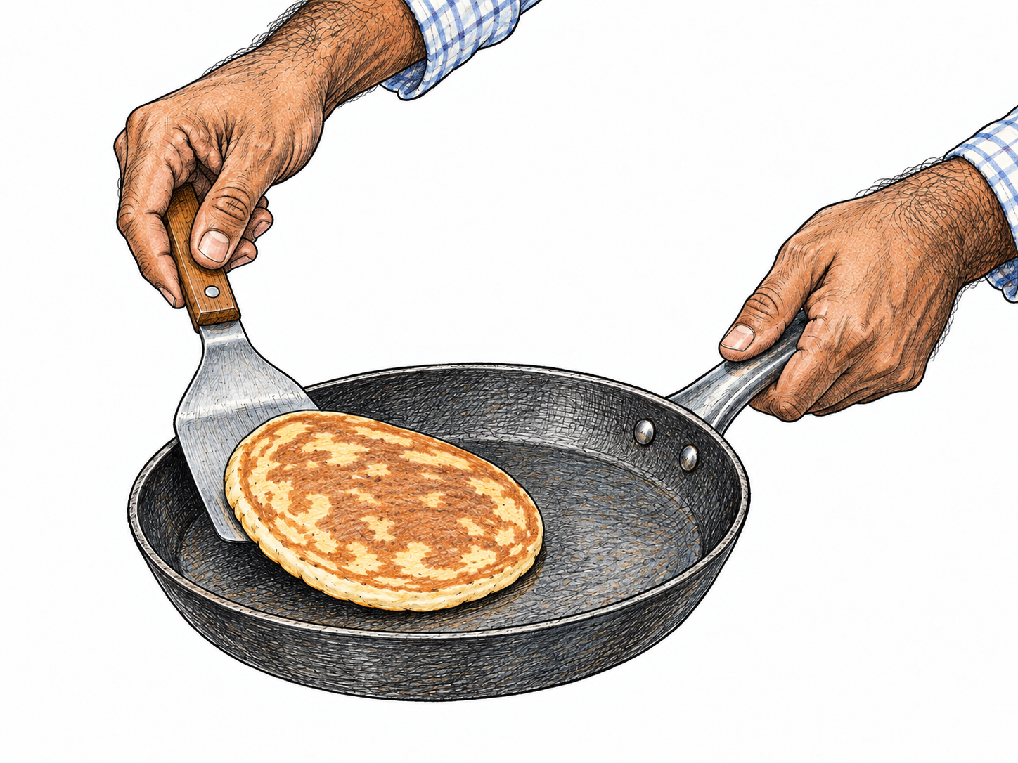 A flat kitchen spatula lifts a pancake from a plain pan; clear broad blade, realistic hand and food, no recipe or branding.