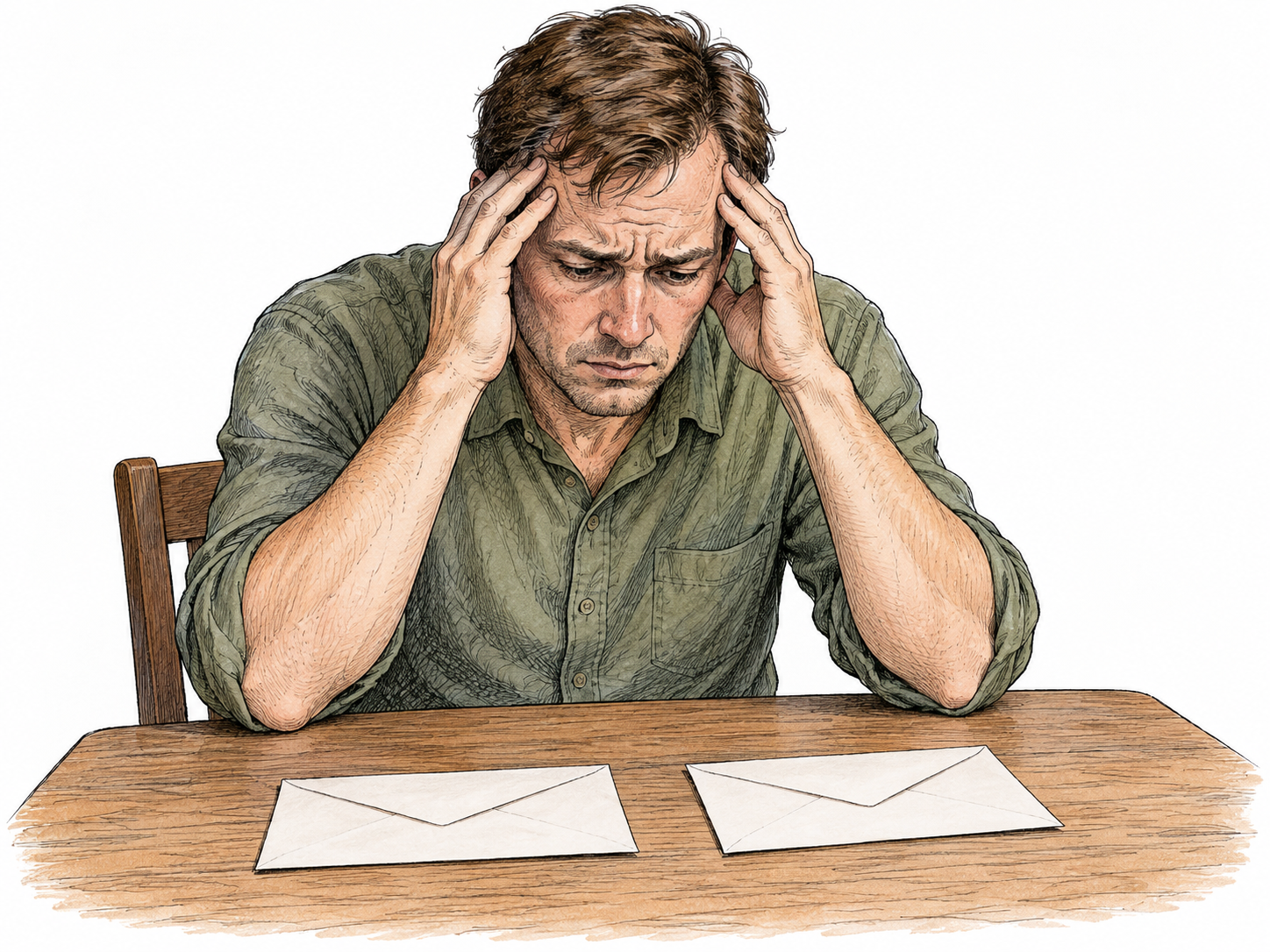 An adult sits at a small table with hands pressed to temples, face deeply worried while considering two plain undecorated envelopes laid before them; intense mental struggle, no writing, financial figures or diagnosis.