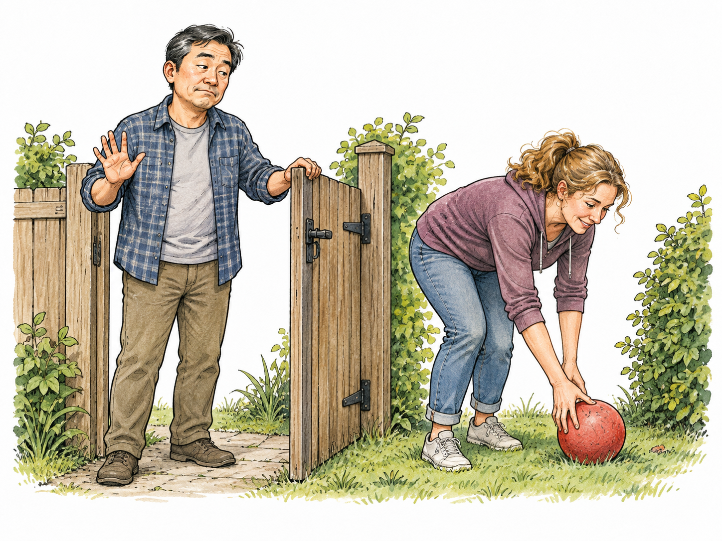 A middle-aged East Asian homeowner reluctantly holds a garden gate open while a neighbor retrieves a ball; pressed lips and resigned raised palm show unwilling toleration rather than welcome.