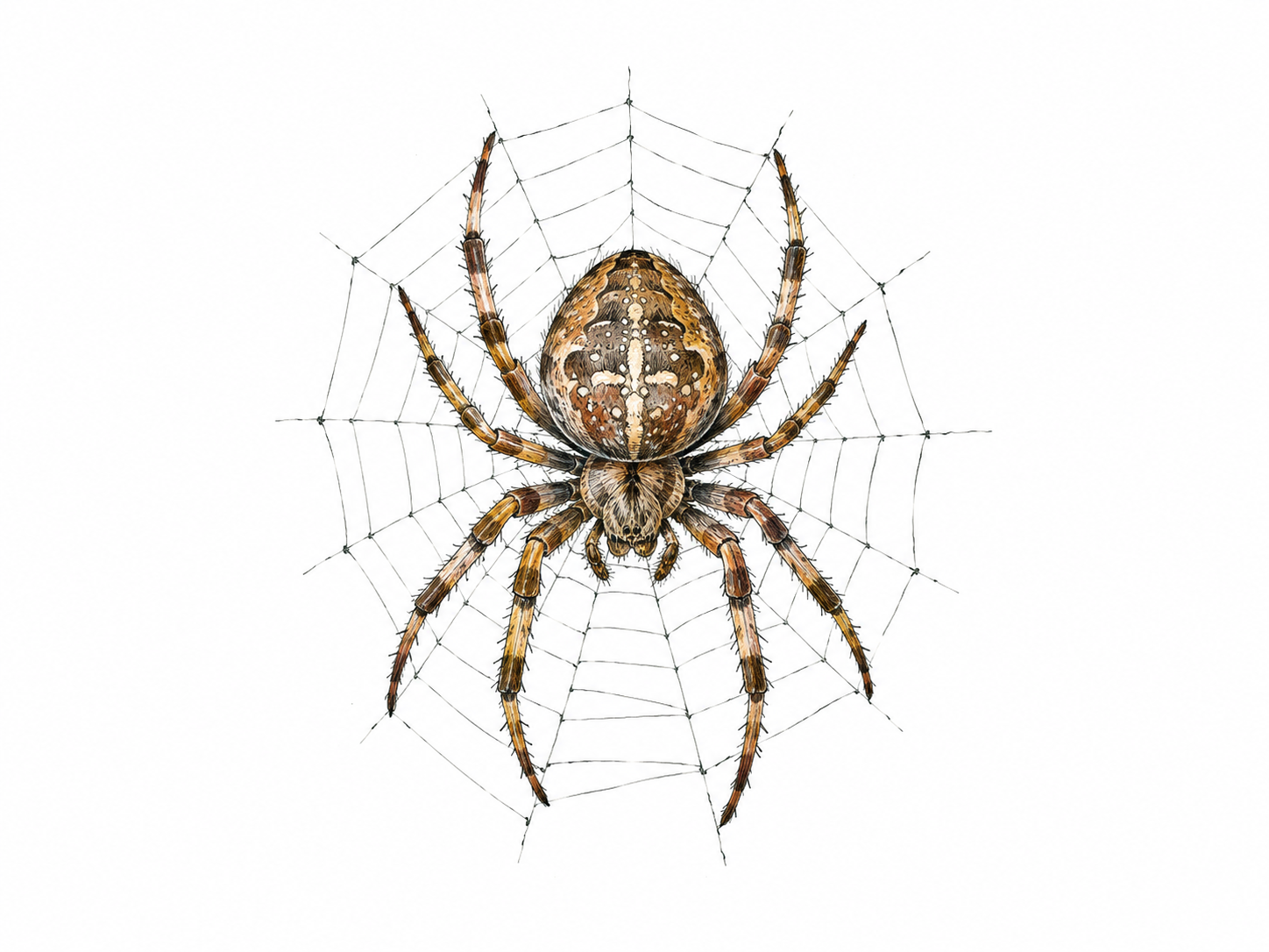 One realistic orb-weaver spider centered on a small web, exactly eight legs and two main body sections, no prey.