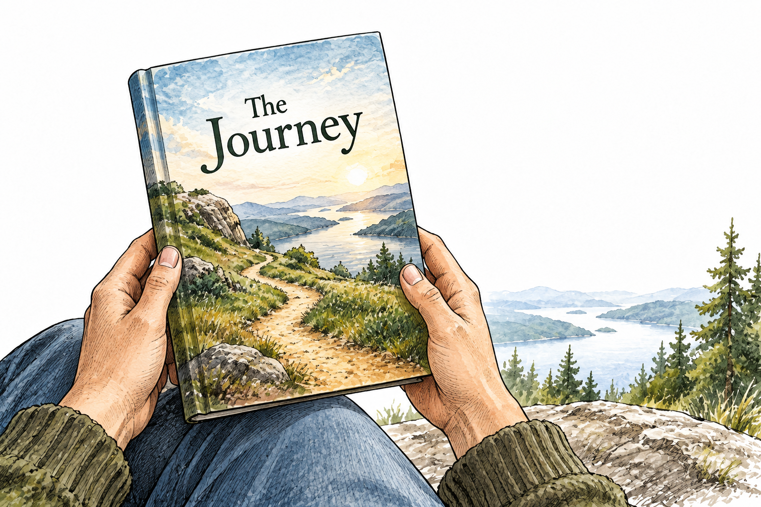 A reader holds up a novel whose cover bears only the essential title 'The Journey'; the title is the clear focal point, no other lettering.