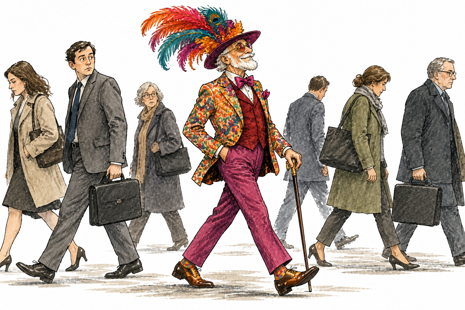 A fashionably dressed older man in brilliant patterned jacket and dramatic feathered hat strolls among subdued outfits, attention-grabbing colorful style, no text.