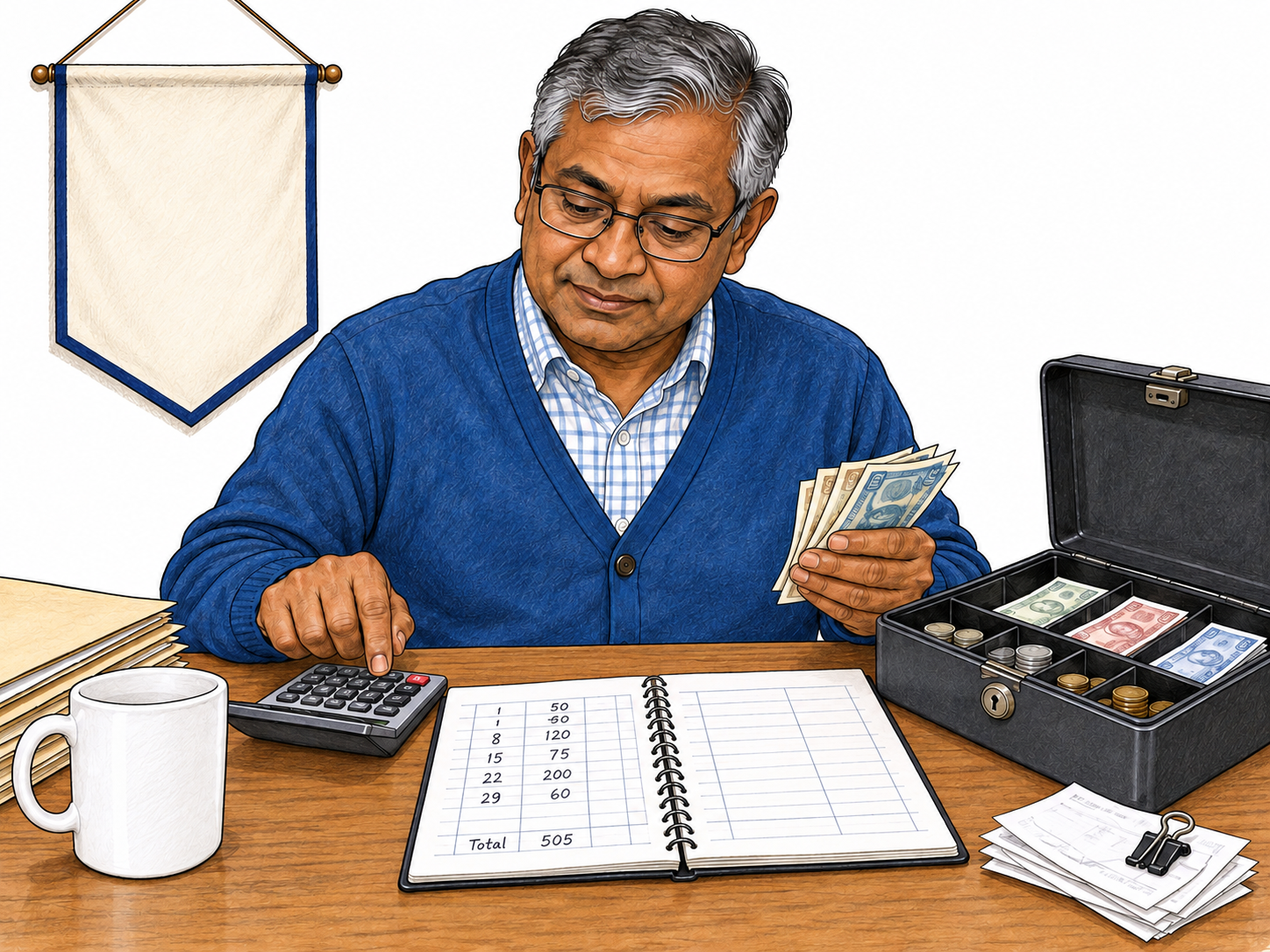A club treasurer checks a cash box against a simple numeric ledger and calculator; deliberate stewardship, not generic banker portrait.