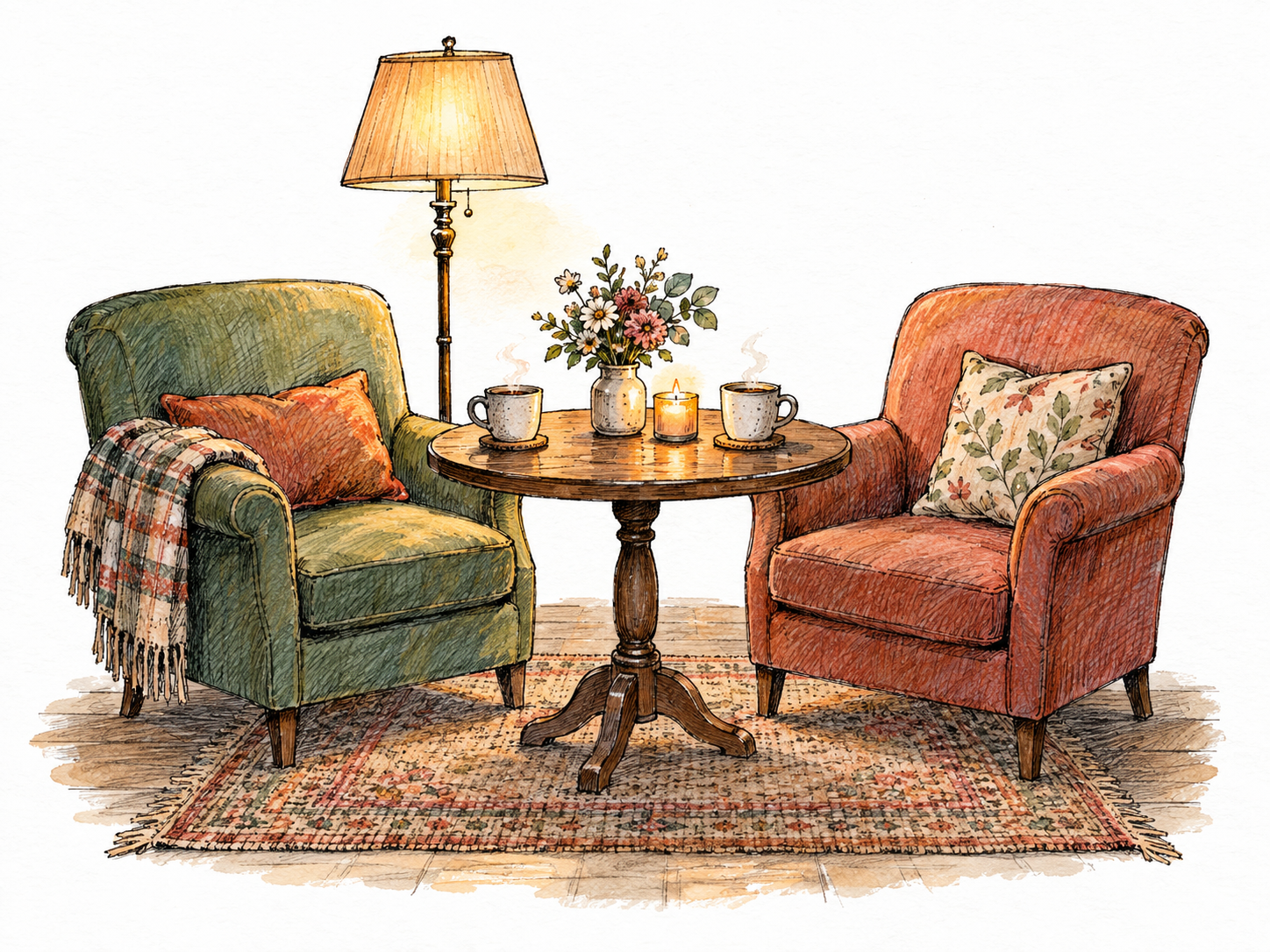 A small, inviting café nook whose warm lamplight, candle, cushioned seats, flowers, and gently steaming cups visibly establish a cozy ambiance.