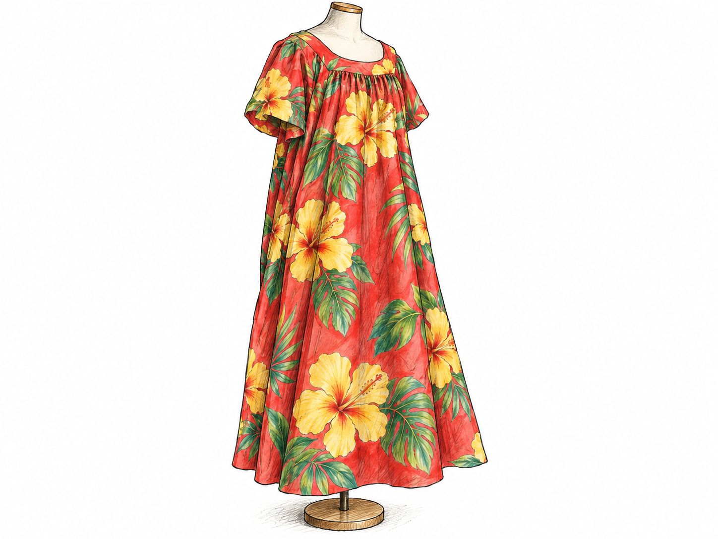 A single brightly colored muumuu displayed on a simple dressmaker’s mannequin, with its loose, unbelted, ankle-length silhouette and broad floral pattern clearly visible.