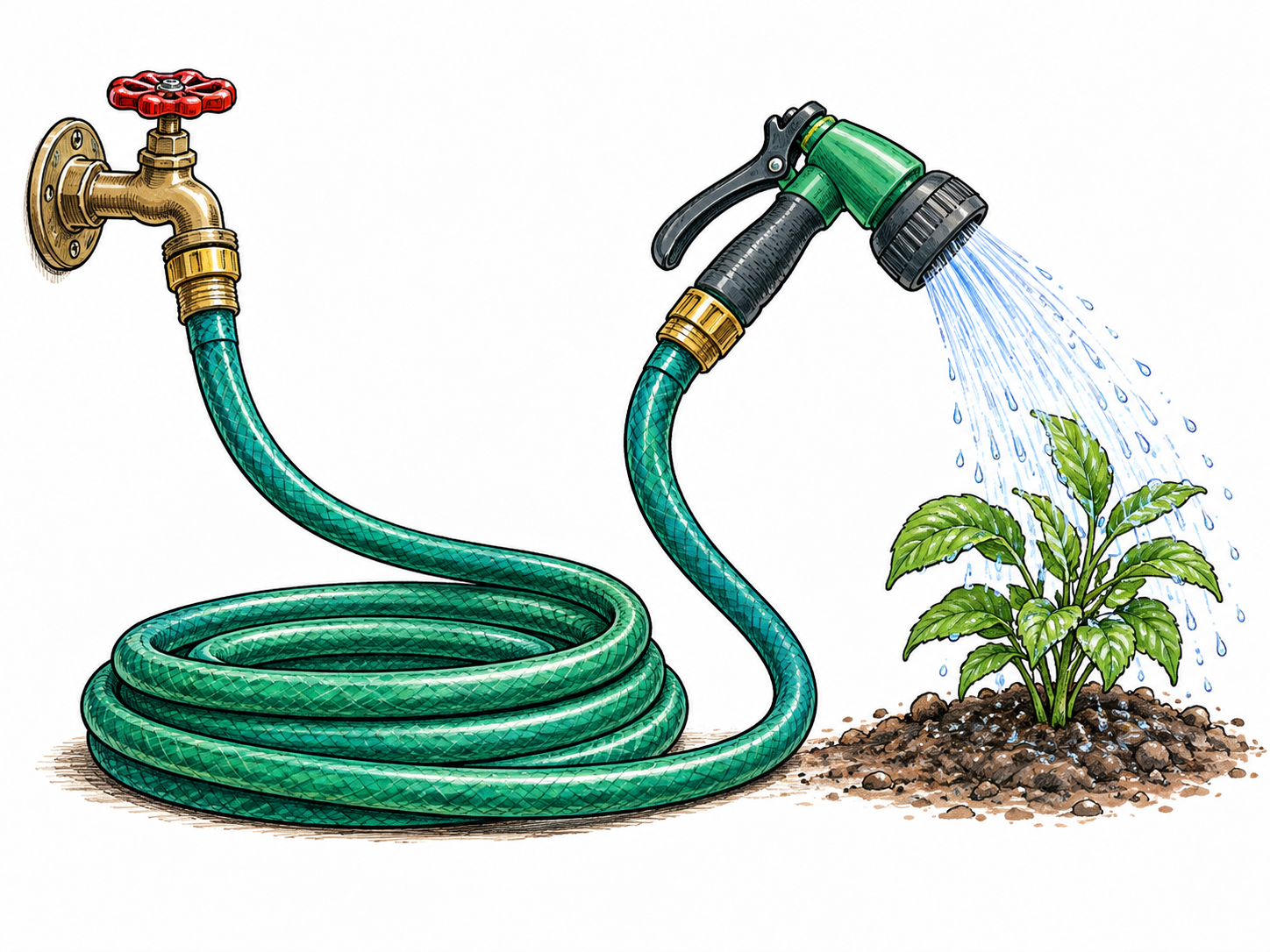 A coiled flexible garden hose carries water from a tap to a nozzle spraying a small plant.