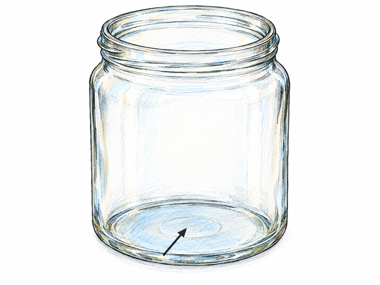 A clear, upright glass jar with its lowest horizontal surface emphasized by a restrained blue tint.