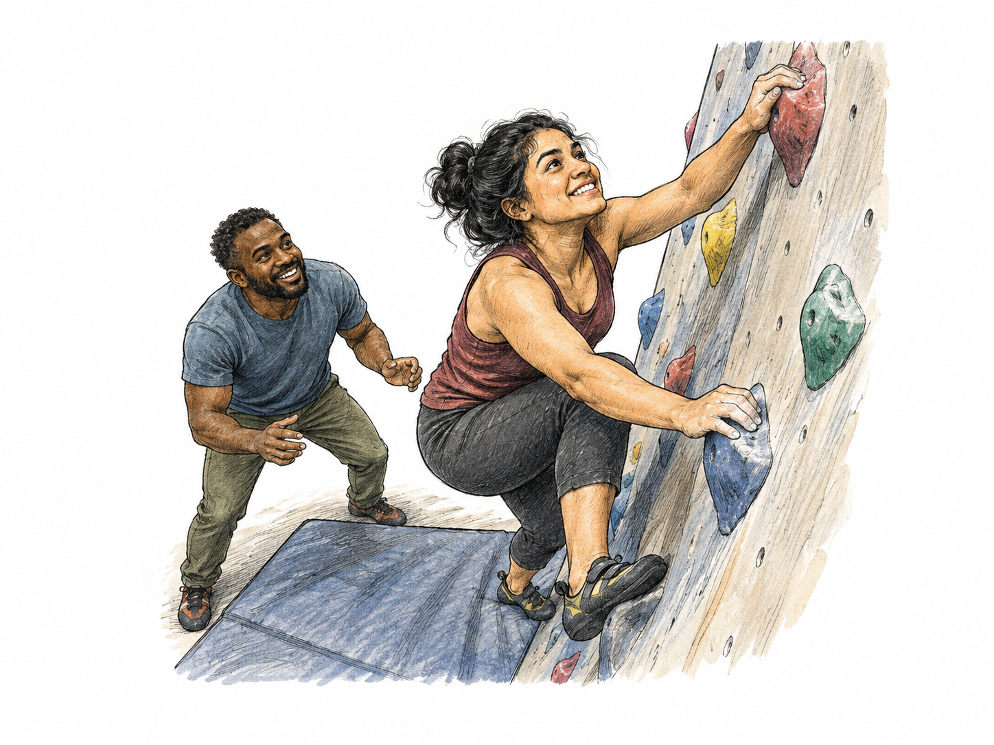 A small determined adult climber confidently starts up a difficult low climbing wall after a slip, chin raised and eager smile, companion watches encouragingly; lively courage without superhero symbolism.