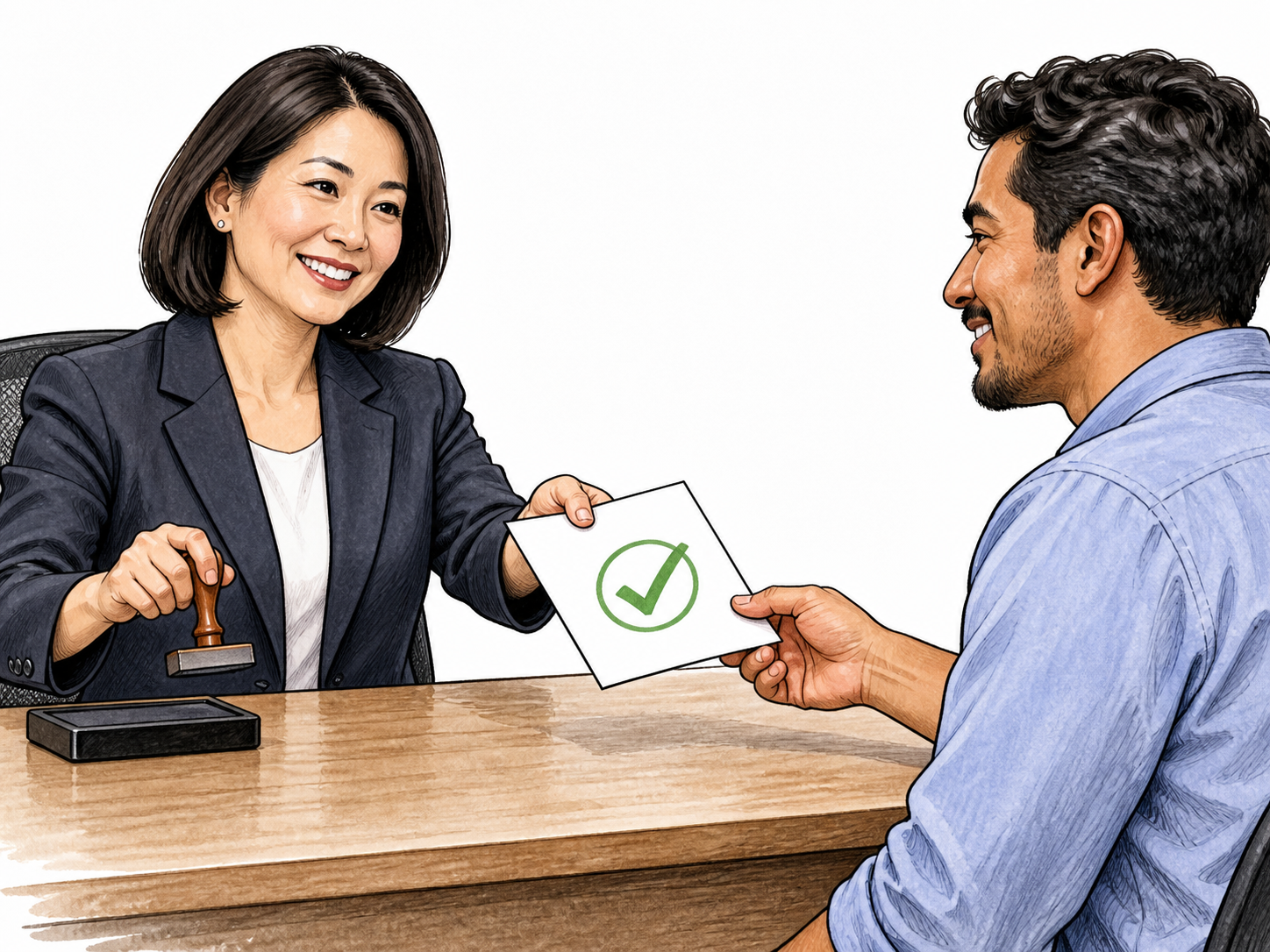 An official stamps a plain permit with a simple green check and hands it to an applicant, granting permission; no legal document wording or real identifiers.