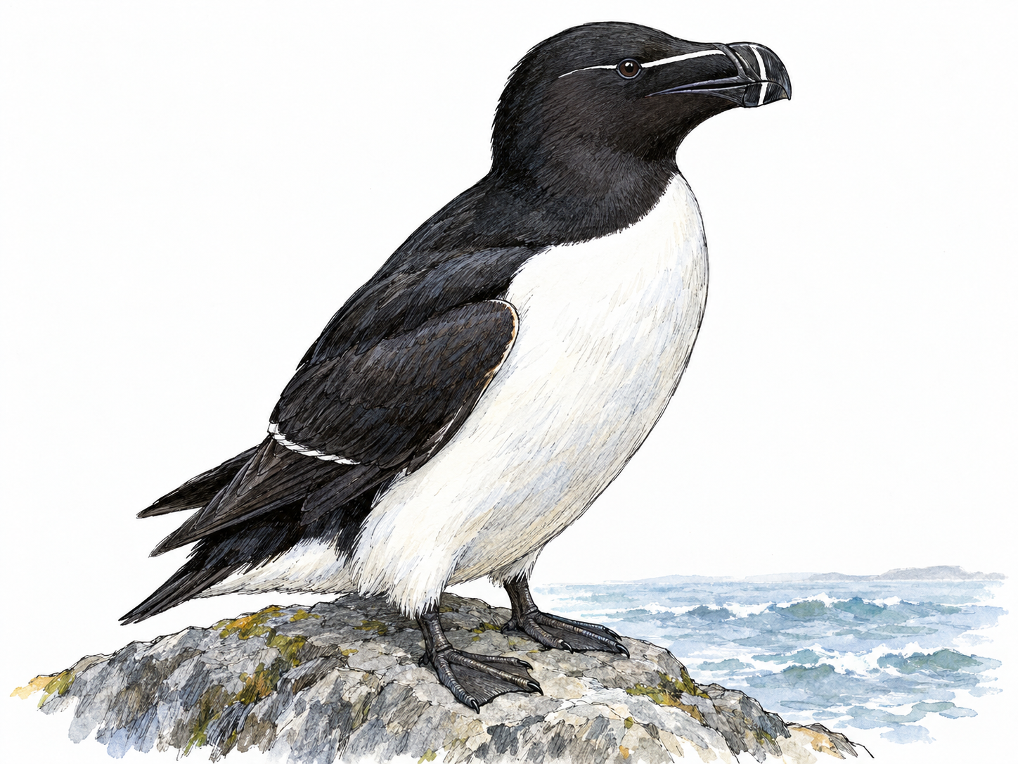 A single razorbill auk standing on a sparse northern coastal rock, showing its black upperparts, white belly, deep blunt bill, and short folded wings.