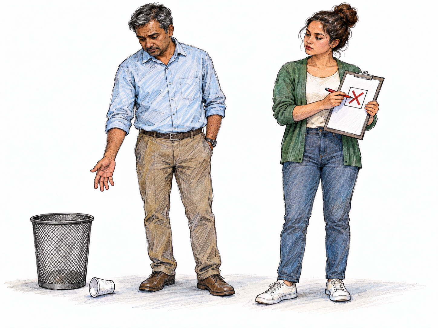 A supervisor records a penalty mark after an adult drops a crumpled paper cup on the floor beside a waste bin.
