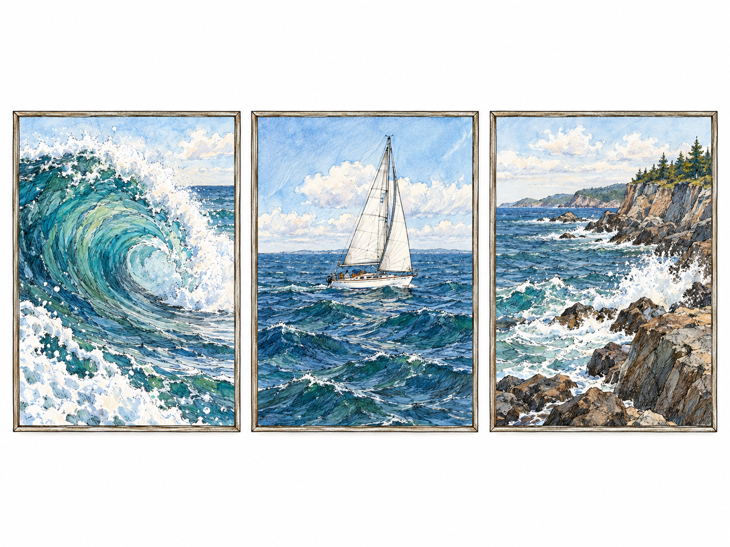 A small thematic art display: three adjacent framed paintings explore the same central subject, the sea, through distinctly different scenes—a breaking wave, a sailboat offshore, and a rocky coast.