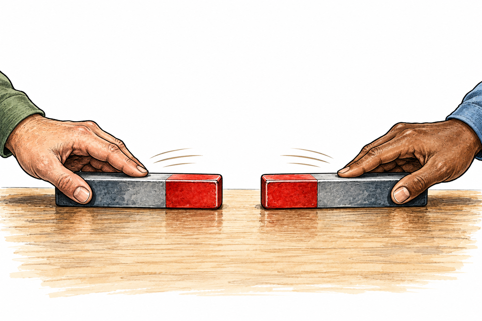 Two bar magnets on a smooth table pushed apart with their matching red ends facing each other, clear gap and subtle outward motion lines, no labels.