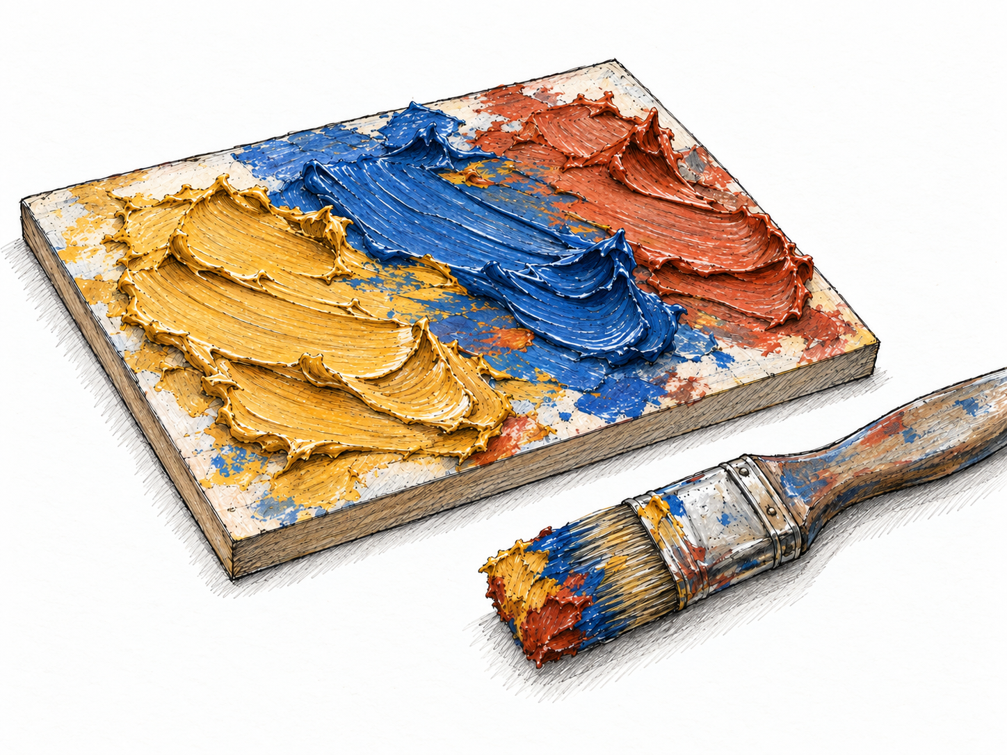A close oblique view of a small painting panel with thick, overlapping colored brushstrokes.