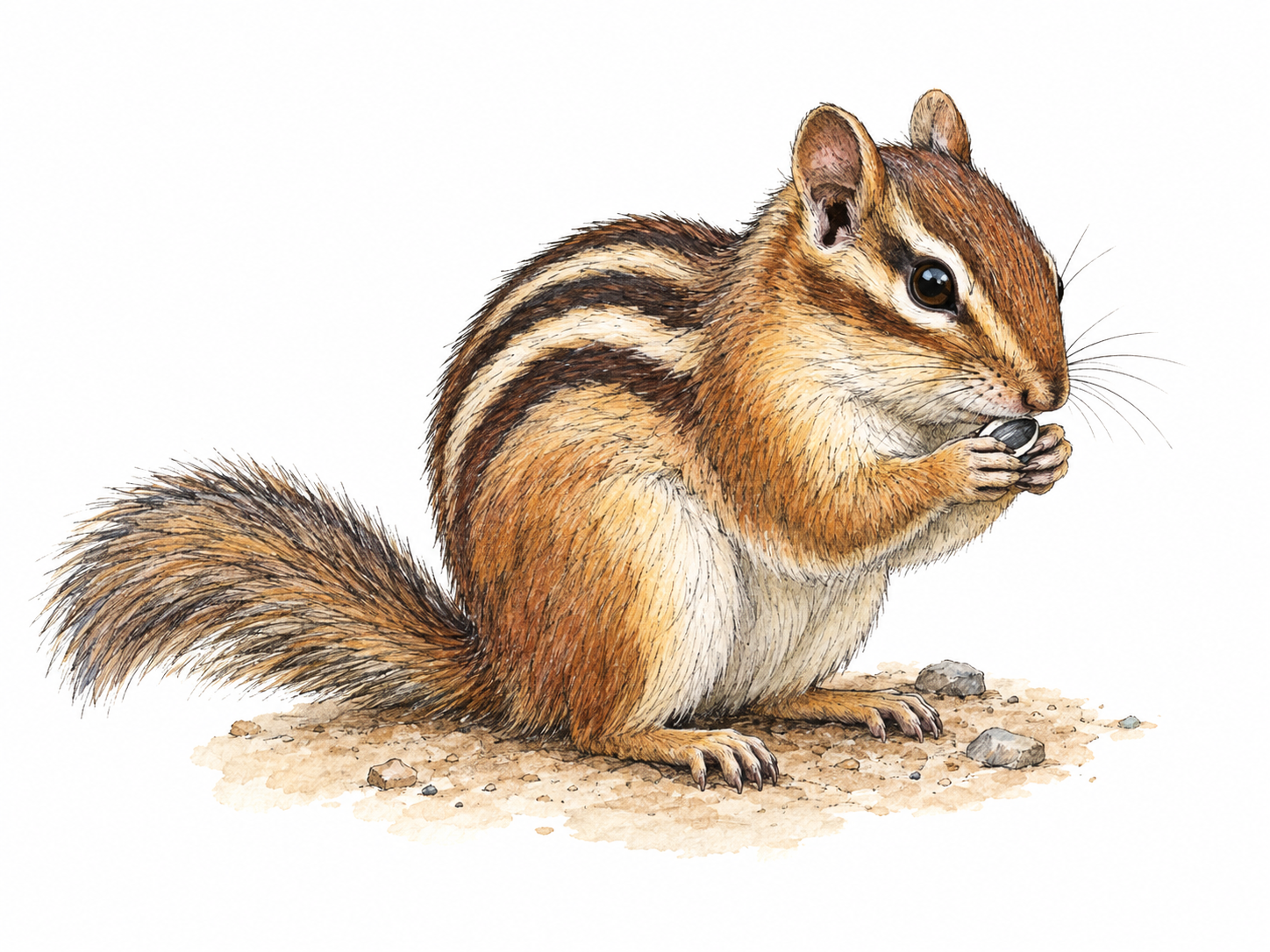 A single chipmunk in three-quarter side view on a small patch of earth, with its distinctive back and facial stripes clearly visible, holding a seed between its forepaws.