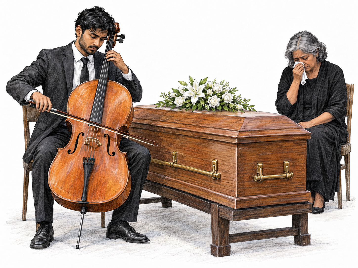 A solemn cellist performs beside a flower-covered closed coffin while an older mourner listens with bowed head, making mournful music for the dead the unmistakable focus.