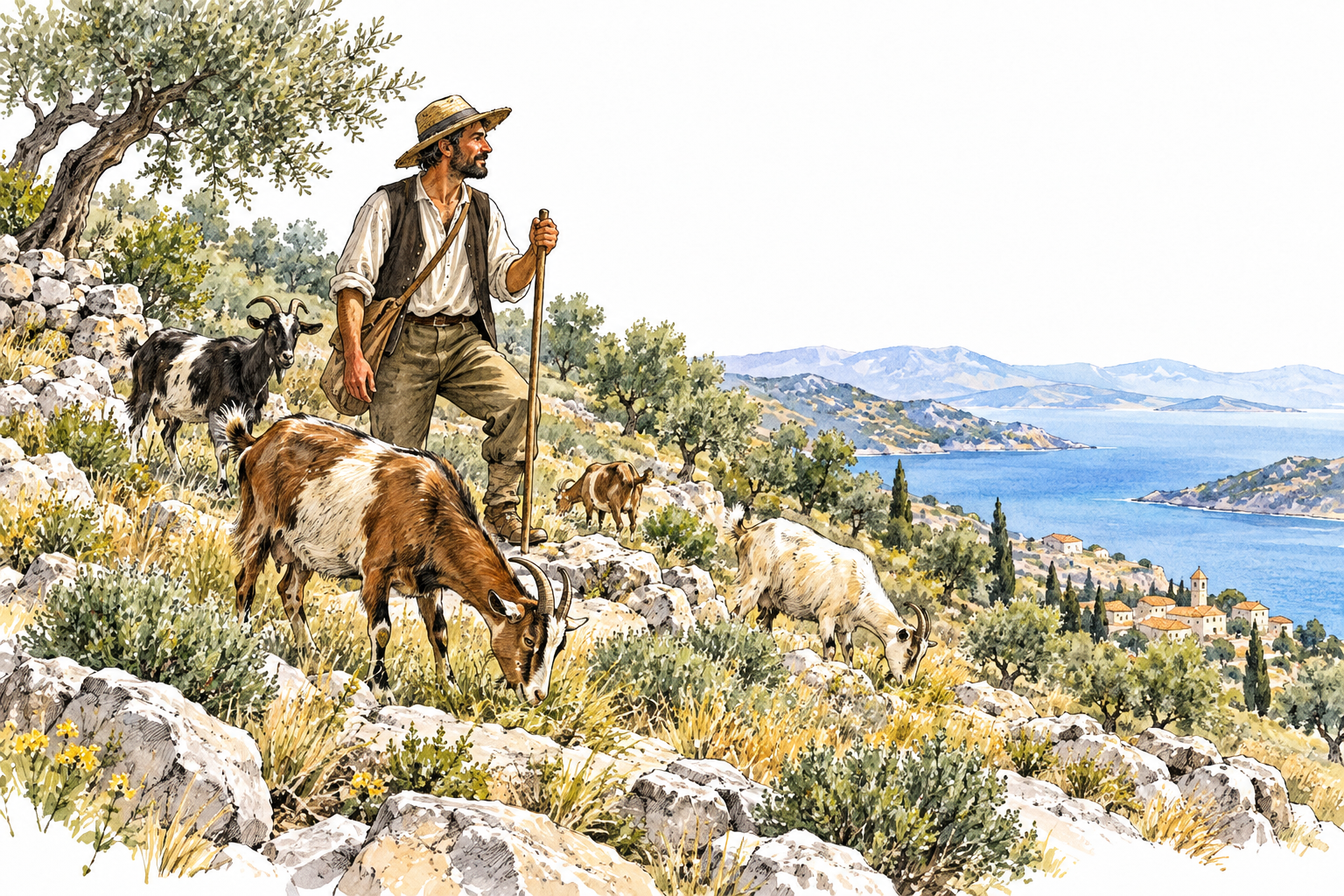 Mediterranean goatherd with walking staff calmly tends goats on rocky hillside.
