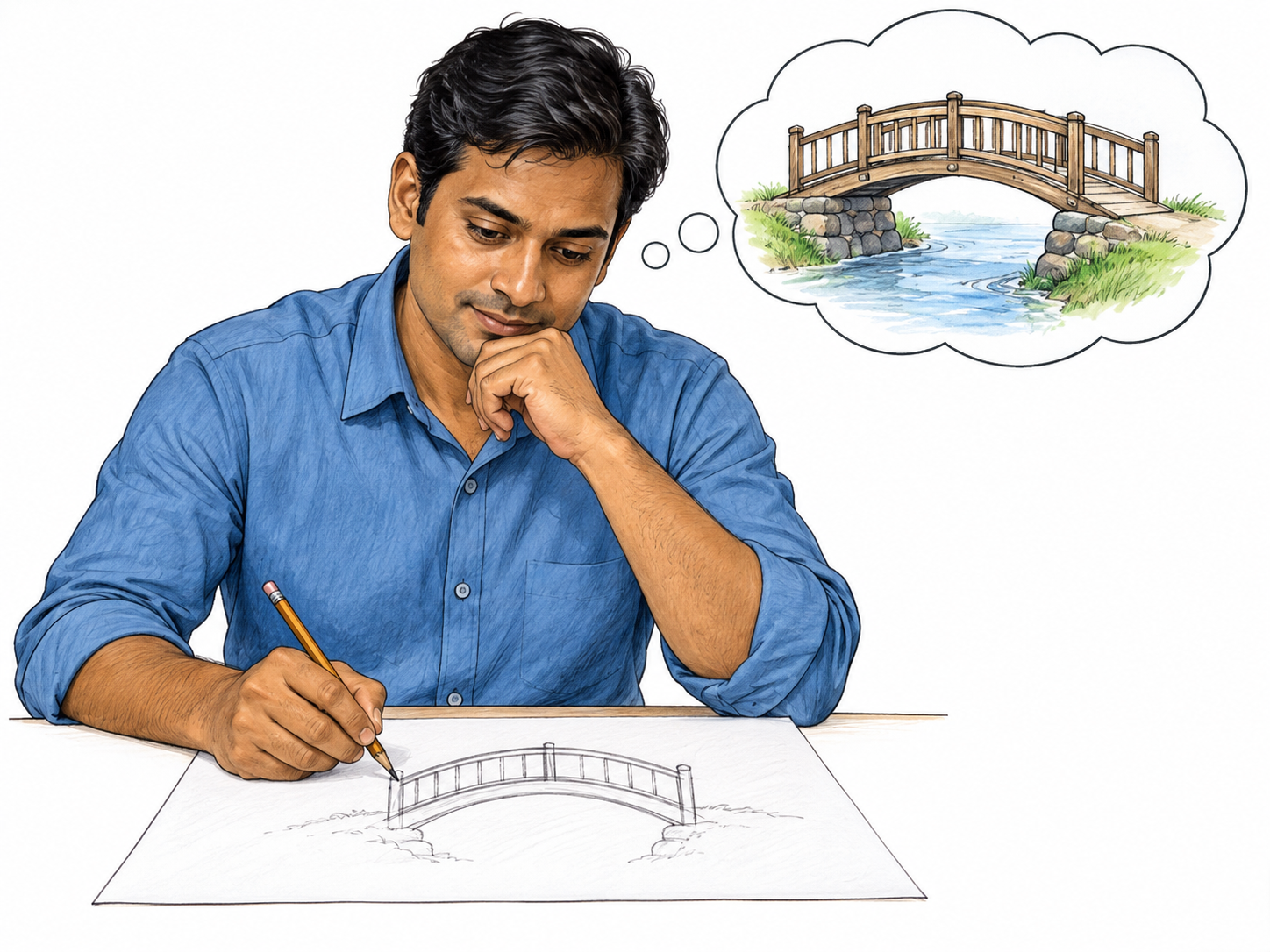 Designer begins plan for small arched footbridge, thought bubble of bridge above first simple drawing on sheet.