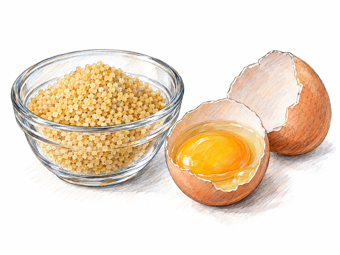A simple ingredient still life: a small clear bowl of golden lecithin granules beside a cracked egg with its intact yolk visible in one shell half.