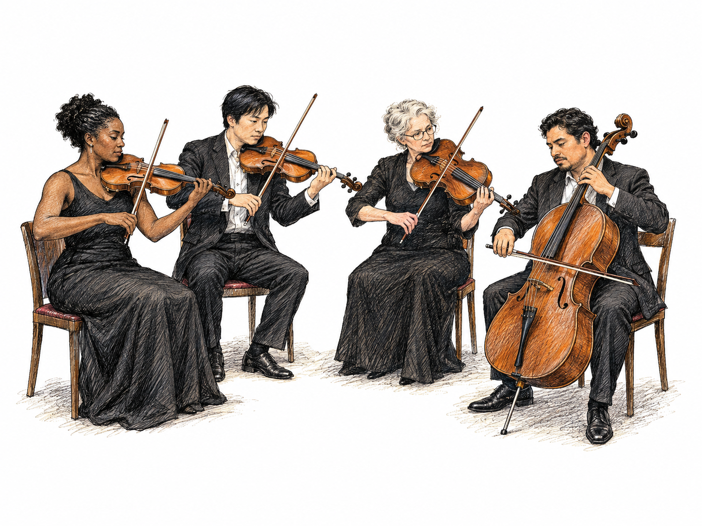 Exactly four musicians play a string quartet: two violinists, one violist with slightly larger instrument and one cellist seated with cello on floor.