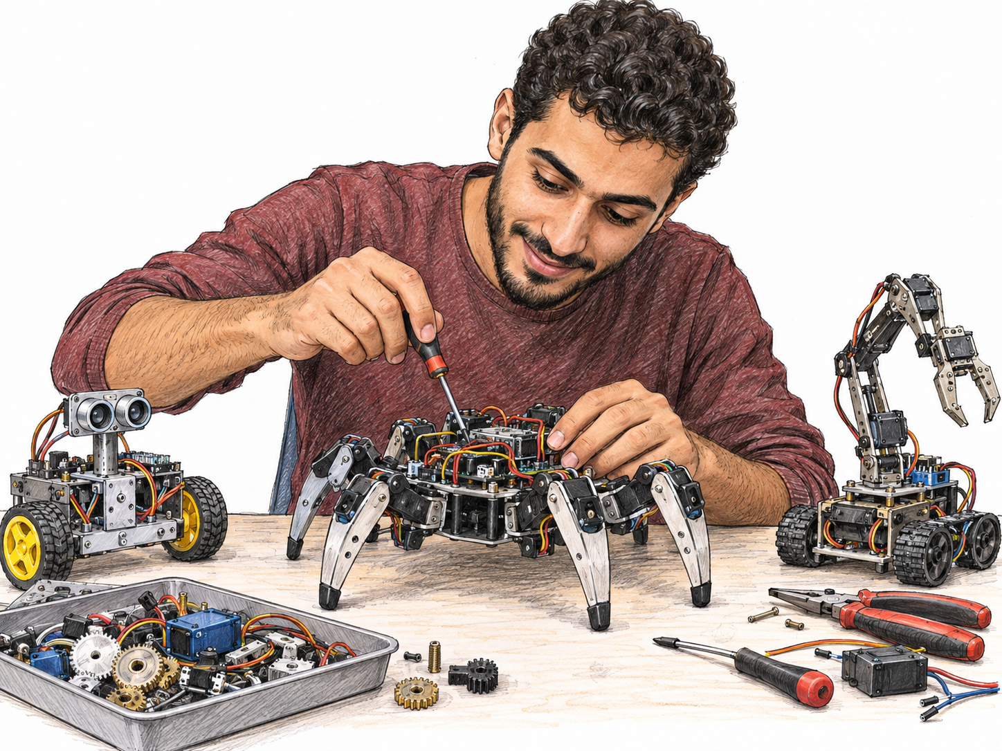 An enthusiastic robotics hobbyist leans eagerly over a small walking robot at a compact workbench, surrounded by a few related self-built mechanisms.